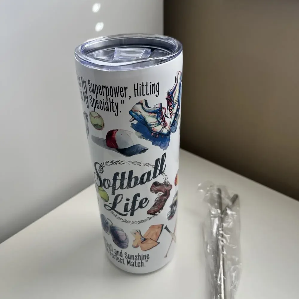 Custom Printed 20oz Tumbler Softball Design With Lid Straws And Straw Cleaner